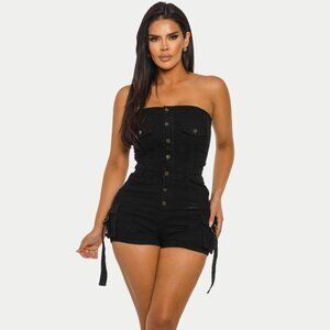Tube Top Vintage Stretch Denim Cargo Short Romper button sexy black color New